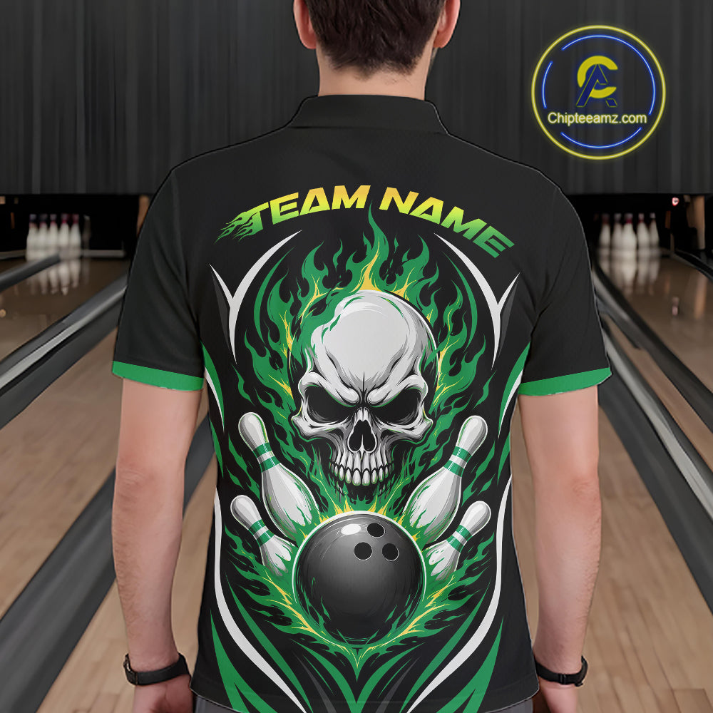 A man viewed from behind wearing a black short-sleeve bowling shirt with a large skull, green flames, bowling pins, and a bowling ball graphic on the back. 