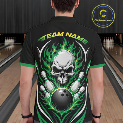 A man viewed from behind wearing a black short-sleeve bowling shirt with a large skull, green flames, bowling pins, and a bowling ball graphic on the back. 