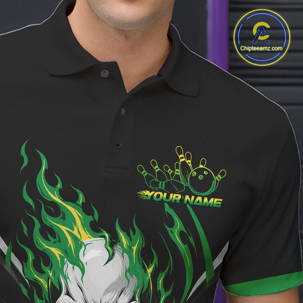 A close-up of a black polo shirt worn by a model, featuring a green and yellow bowling-themed graphic with the text 'YOUR NAME' and a bowling pins and ball design on the chest. 