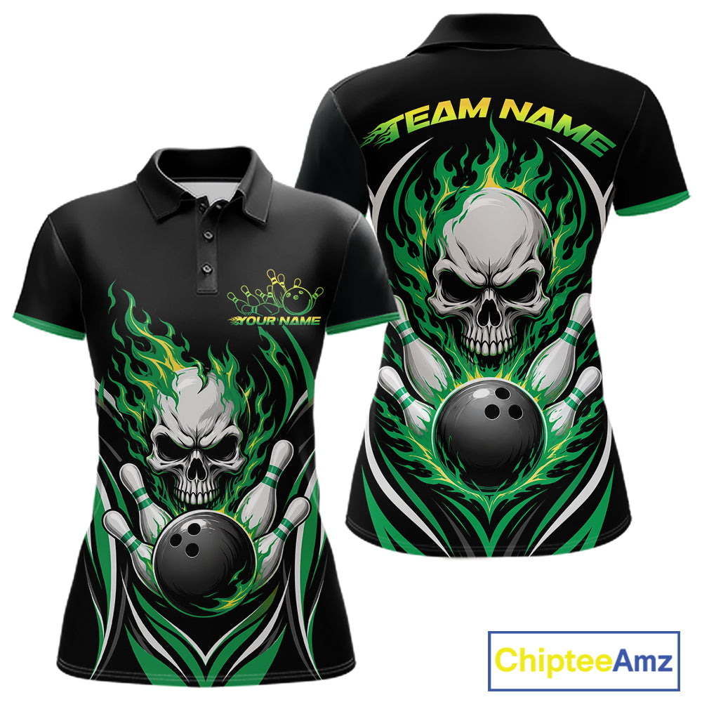 Womens Black short-sleeve polo shirt shown from the front and back, featuring a large skull and bowling ball graphic with green and white flame-like swirls. 