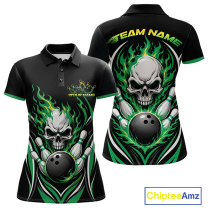Womens Black short-sleeve polo shirt shown from the front and back, featuring a large skull and bowling ball graphic with green and white flame-like swirls. 