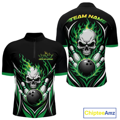 Black short-sleeve quarter zip shirt  performance jersey shown from front and back, featuring a large skull, green flames, bowling pins, and bowling ball graphic, with customizable text 'TEAM NAME'