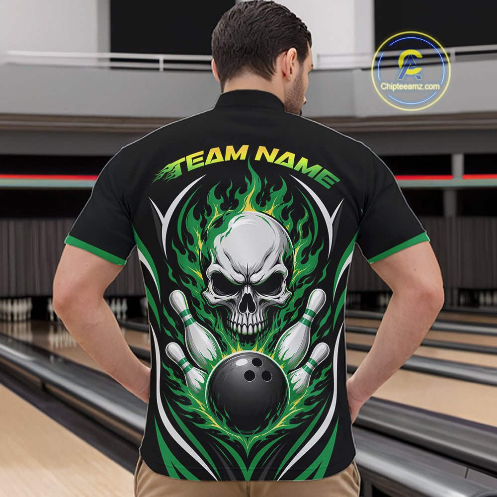 A man viewed from behind wearing a black short-sleeve bowling quarter zip shirt with a large skull, green flames, bowling pins, and a bowling ball graphic on the back. 