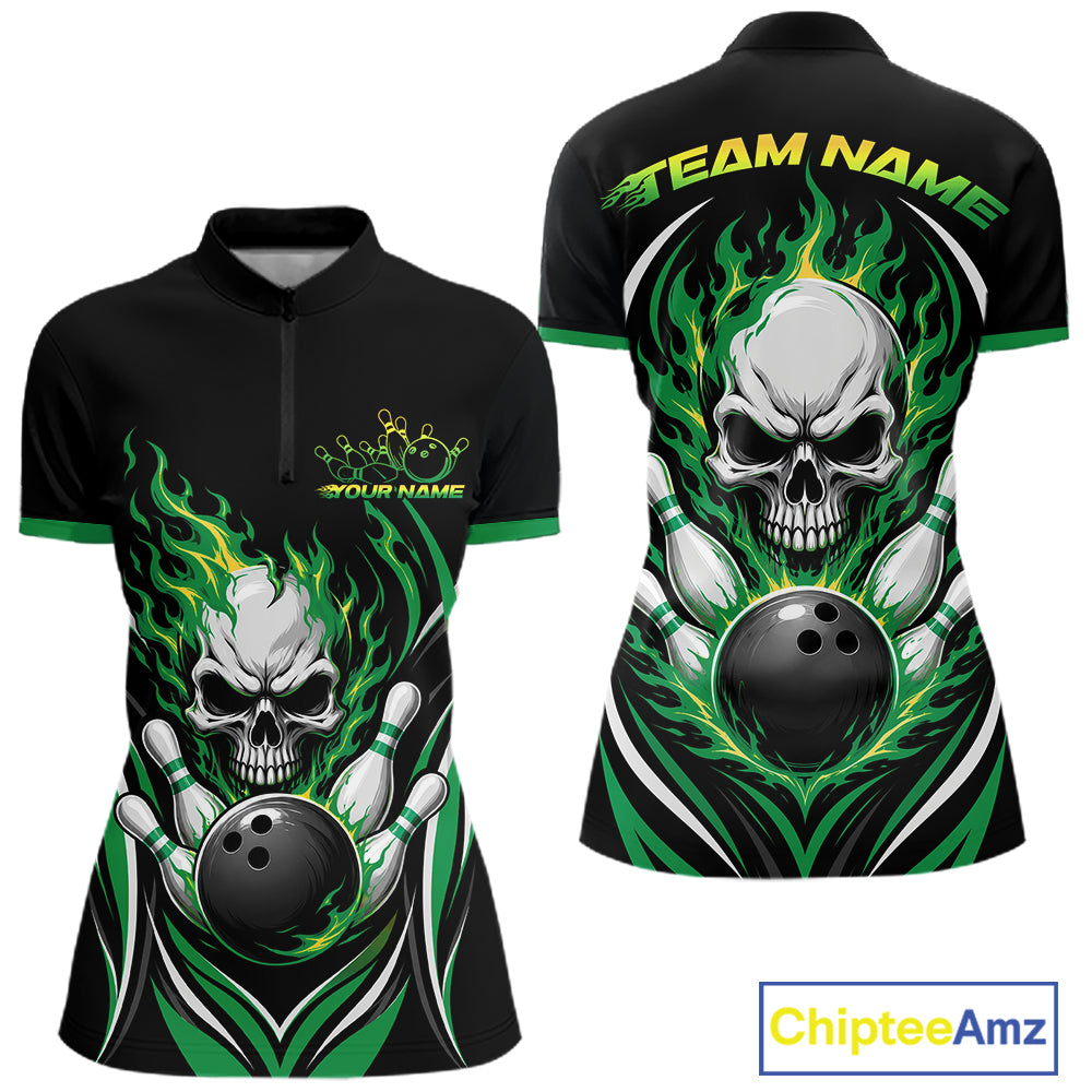 Black womens short-sleeve quarter zip shirt  with a green and white skull and bowling ball flame graphic, shown from the front and back. The front has a half-zip collar and customizable text, while the back has 'TEAM NAME' text.