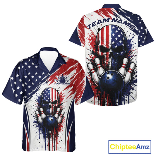 Custom Patriotic American Flag Skull Bowling Team Men And Women Hawaiian Shirt, US Flag Bowling Jersey IPHW11703