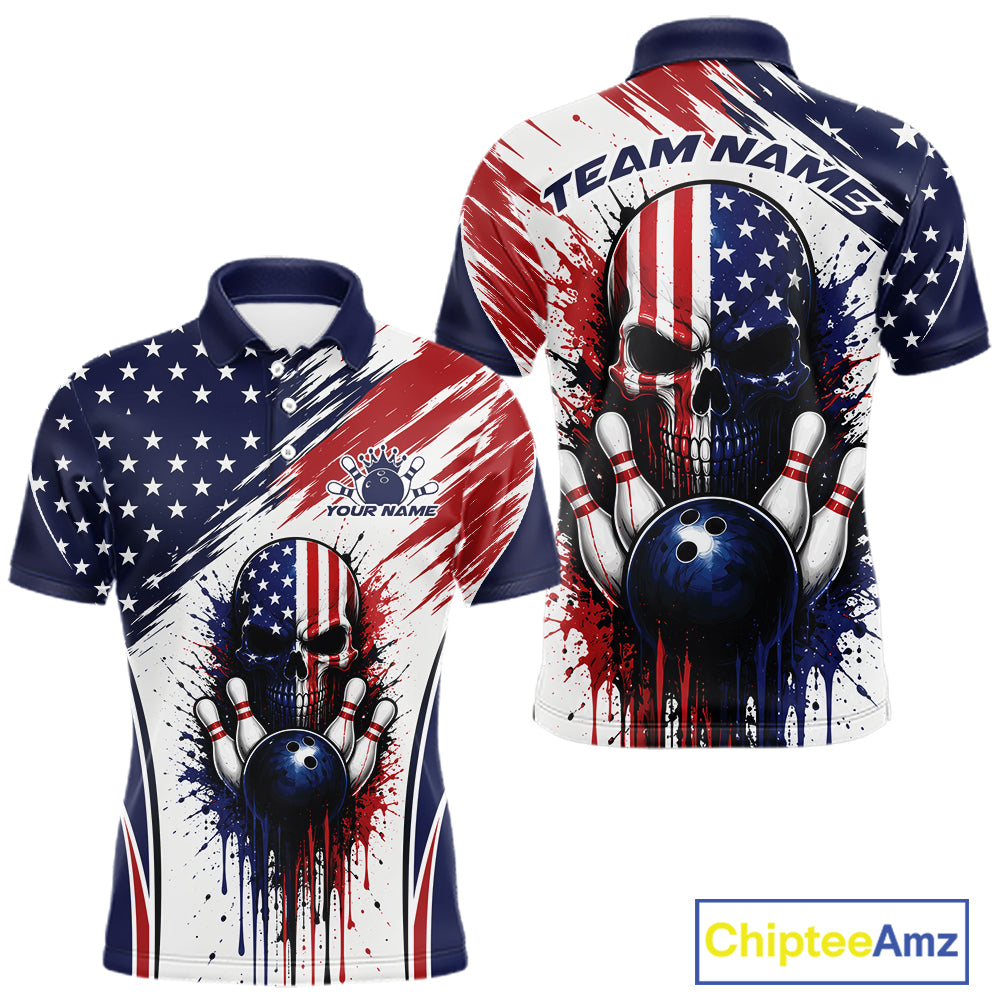 Front and back views of a short-sleeve polo shirt featuring a bold bowling-themed graphic with a skull, bowling pins, and a bowling ball over an American flag pattern. The shirt has navy blue, red, and white color blocking with customizable text placeholders 'TEAM NAME' and 'YOUR NAME'.
