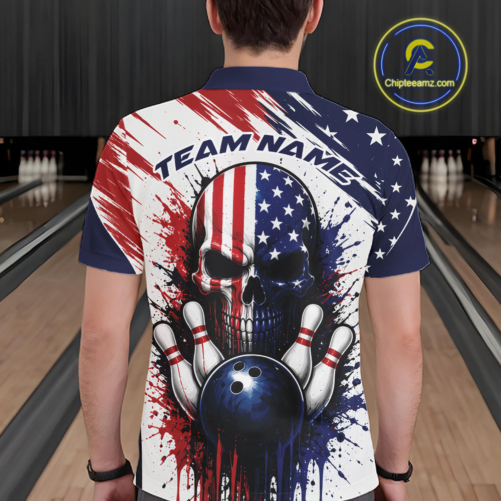 A man viewed from behind wearing a short-sleeve bowling shirt with a patriotic red, white, and blue skull-and-stars graphic, standing in a bowling alley. 