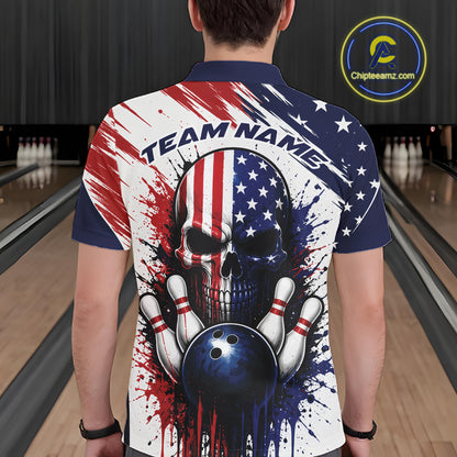 A man viewed from behind wearing a short-sleeve bowling shirt with a patriotic red, white, and blue skull-and-stars graphic, standing in a bowling alley. 