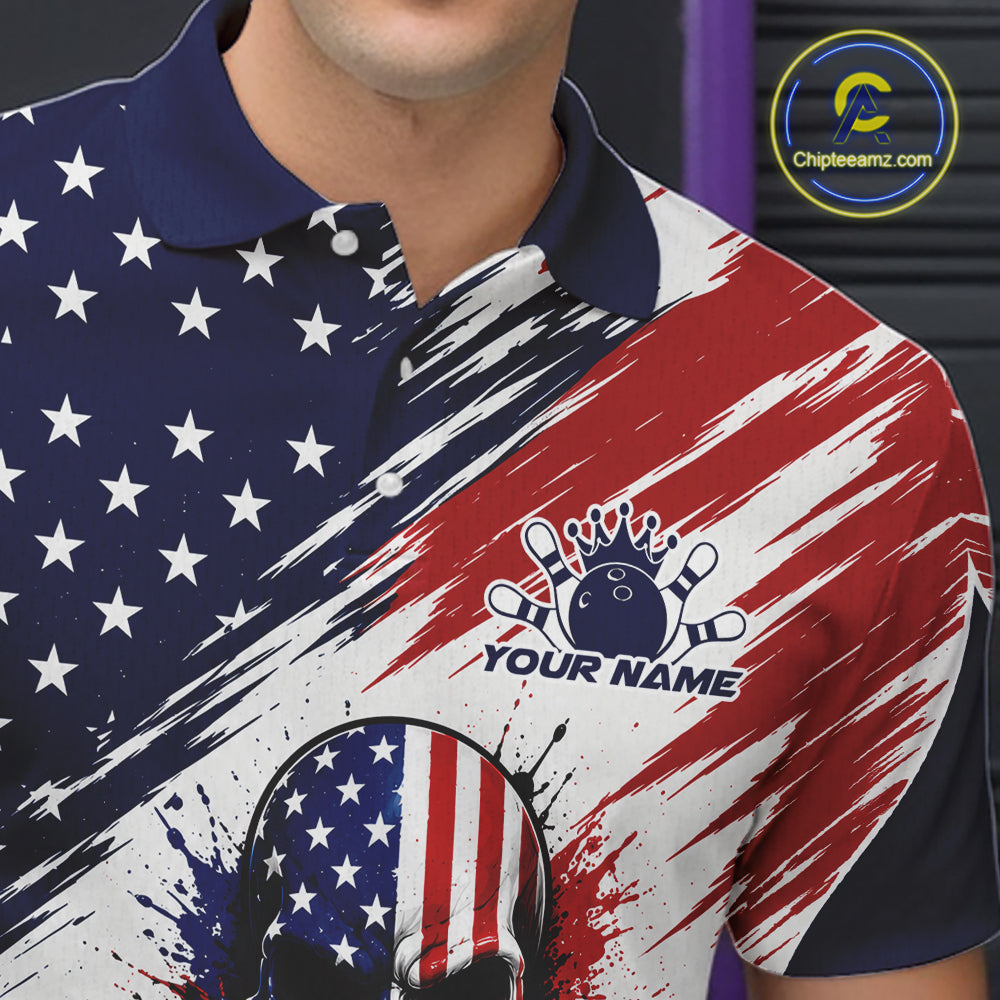 A close-up of a custom polo shirt featuring a patriotic American flag design with white stars on a navy blue field, red and white brushstroke stripes, and a bowling-themed chest graphic with the text 'YOUR NAME'.