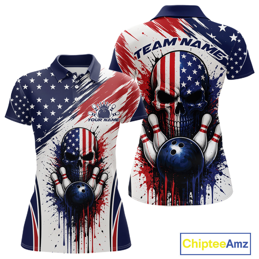 Front and back views of a women's short-sleeve polo shirt featuring a patriotic American flag design with a large skull and bowling ball graphic, on a white background