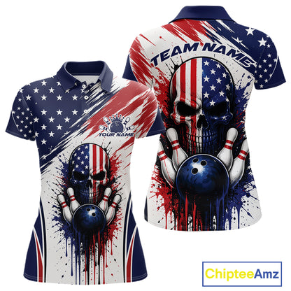 Front and back views of a women's short-sleeve polo shirt featuring a patriotic American flag design with a large skull and bowling ball graphic, on a white background
