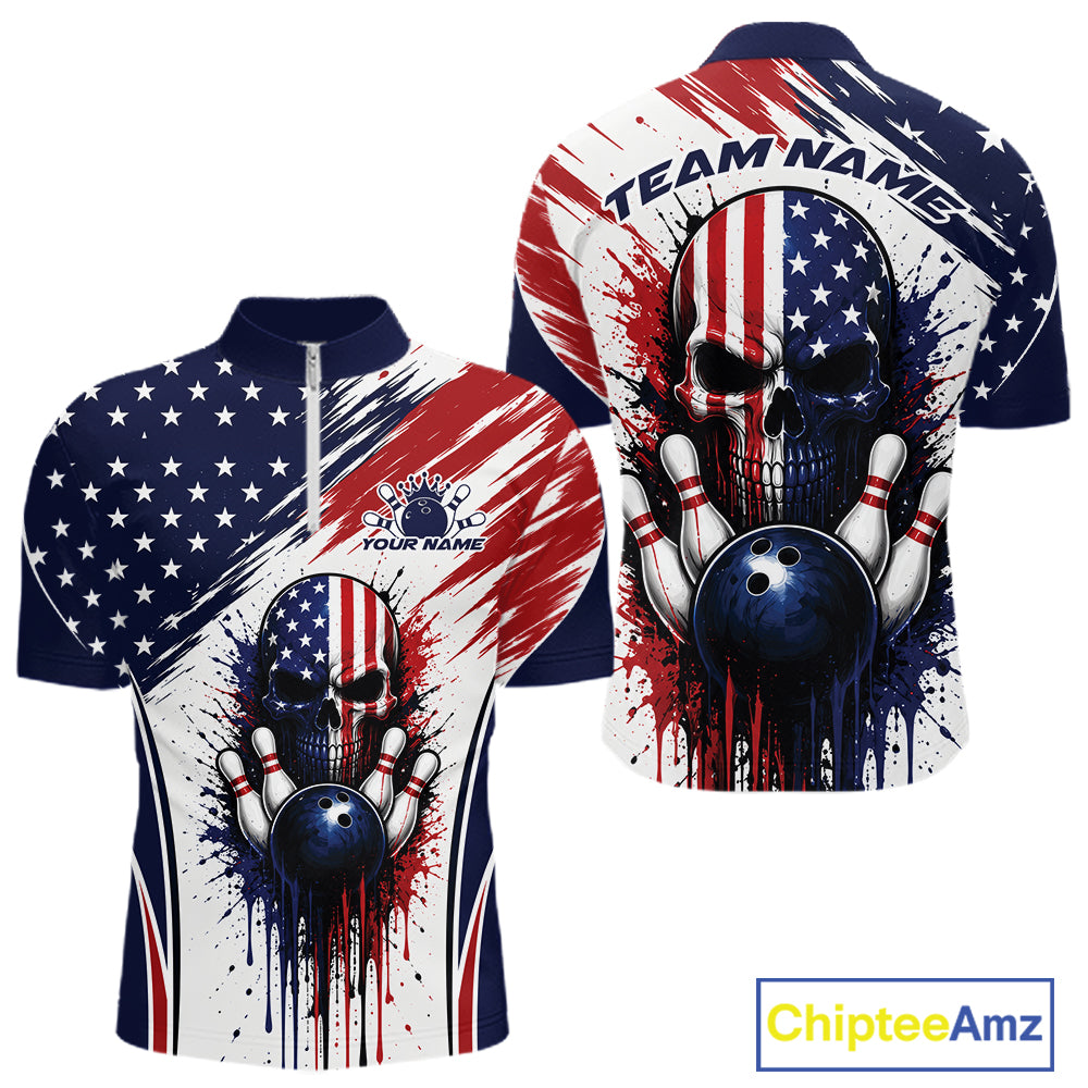 Front and back views of a short-sleeve quarter zip shirt featuring a patriotic red, white, and blue design with a large skull and bowling ball graphic, plus 'TEAM NAME' and 'YOUR NAME' text placeholders