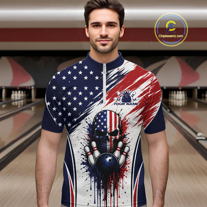 A man wearing a patriotic bowling-themed short-sleeve quarter zip shirt  with a red, white, and blue American flag design, a skull with bowling pins and balls