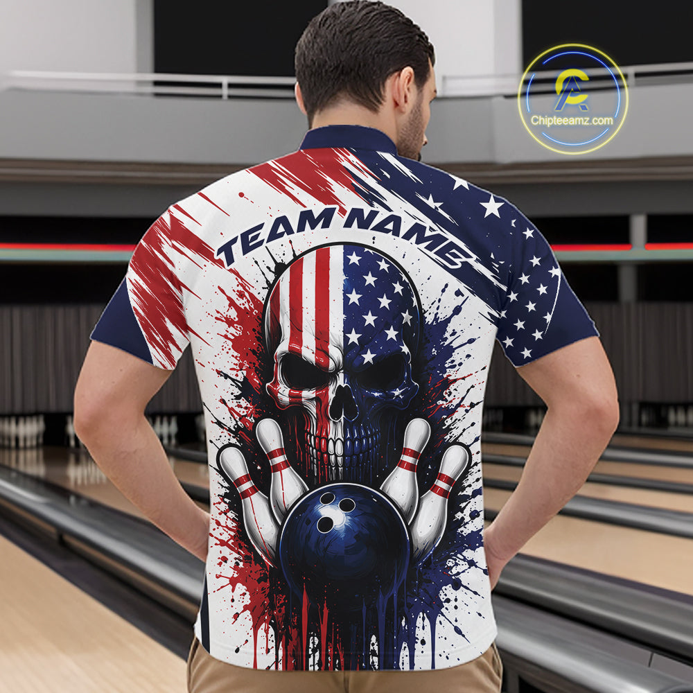 A man viewed from behind wearing a short-sleeve bowling shirt with a patriotic American flag design featuring a skull, bowling pins, and a bowling ball, with the text 'TEAM NAME' printed on the back. 