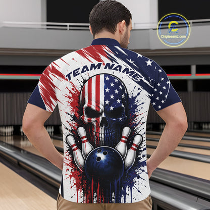 A man viewed from behind wearing a short-sleeve bowling shirt with a patriotic American flag design featuring a skull, bowling pins, and a bowling ball, with the text 'TEAM NAME' printed on the back. 