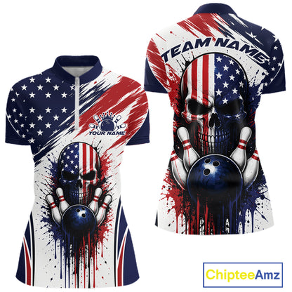 Front and back views of a women's short-sleeve bowling quarter zip shirt with an American flag star pattern, a large skull and bowling ball graphic, and customizable text areas. The shirt has navy blue, red, and white colors with a blue collar.