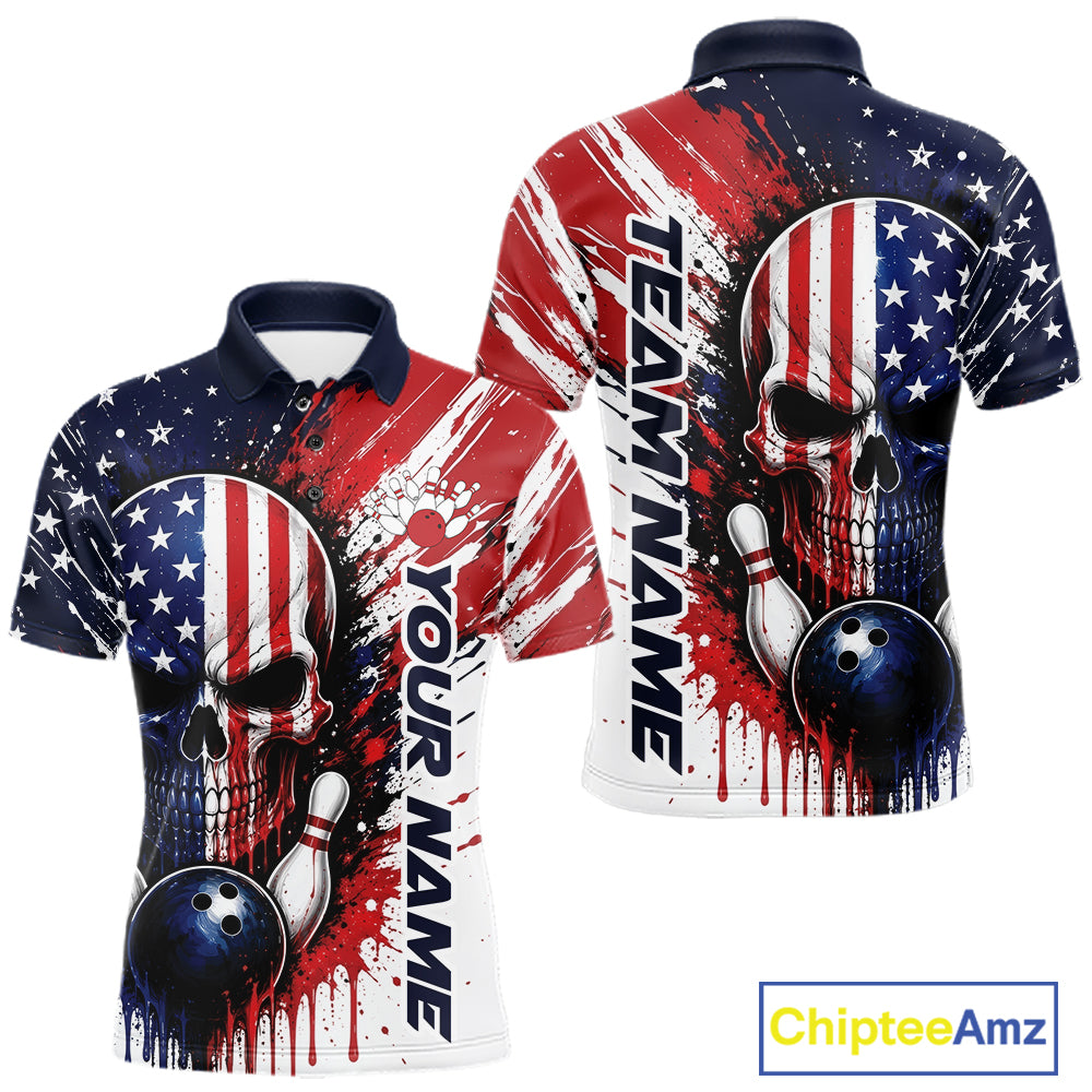 Front and back views of a short-sleeve polo shirt featuring a patriotic American flag design with a large skull, bowling pins, bowling balls