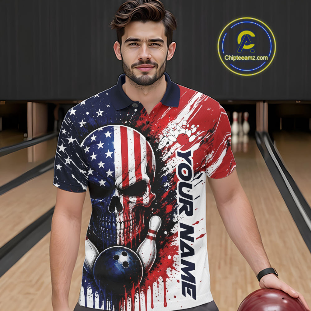 A man wearing a custom bowling-themed polo shirt with a patriotic American flag design, skull, bowling pins, and bowling ball graphic. The shirt features a navy blue collar and sleeve, with red, white, and blue graphics and the text 'YOUR NAME'.