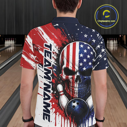 A man viewed from behind wearing a short-sleeve polo shirt with a patriotic bowling-themed graphic. The shirt features a large skull with an American flag pattern, bowling pins, bowling balls, and the text 'TEAM NAME' in black.
