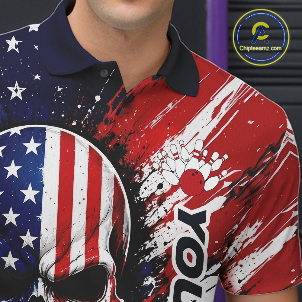 A close-up of a person wearing a short-sleeve polo shirt with a bold patriotic graphic design. The shirt features an american flag skull 