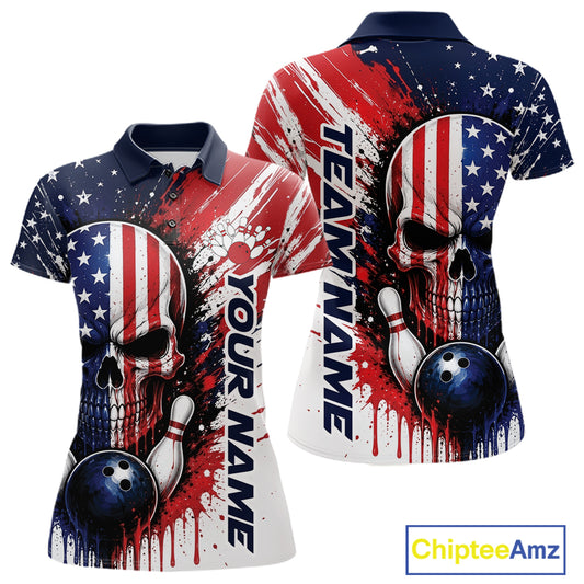 Custom Patriotic American Flag Skull Bowling Team Women Polo Shirt, US Flag Bowling Jersey IPHW11704
