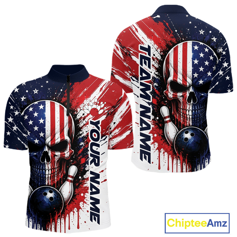 Front and back views of a short-sleeve quarter zip shirt with an all-over patriotic American flag design, featuring a large skull graphic with bowling balls and pins, and vertical text reading 'YOUR NAME' and 'TEAM NAME'.