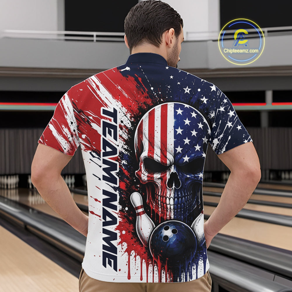 A man viewed from behind wearing a short-sleeve bowling-themed quarter zip shirt with a patriotic American flag design featuring a skull, bowling pins, bowling ball, and 'TEAM NAME' text