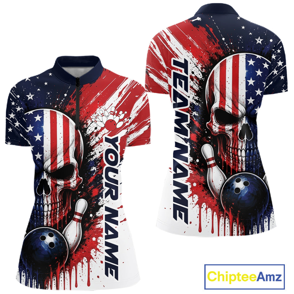 Front and back views of a short-sleeve quarter zip shirt with a patriotic red, white, and blue American flag design, featuring a large skull graphic, bowling balls, bowling pins, and vertical text reading 'YOUR NAME' and 'TEAM NAME'.