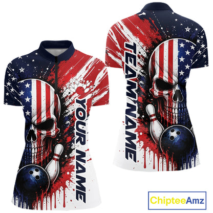 Front and back views of a short-sleeve quarter zip shirt with a patriotic red, white, and blue American flag design, featuring a large skull graphic, bowling balls, bowling pins, and vertical text reading 'YOUR NAME' and 'TEAM NAME'.
