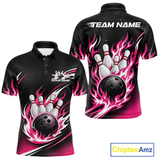 Custom Pink Flame Bowling Jerseys, Bowling Team Men Polo Shirt Bowlers Outfit IPHW11705