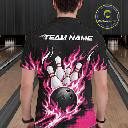 A man viewed from behind wearing a black short-sleeve bowling shirt with a large graphic of a bowling ball and pins surrounded by pink and white flames, with 'TEAM NAME' printed across the upper back