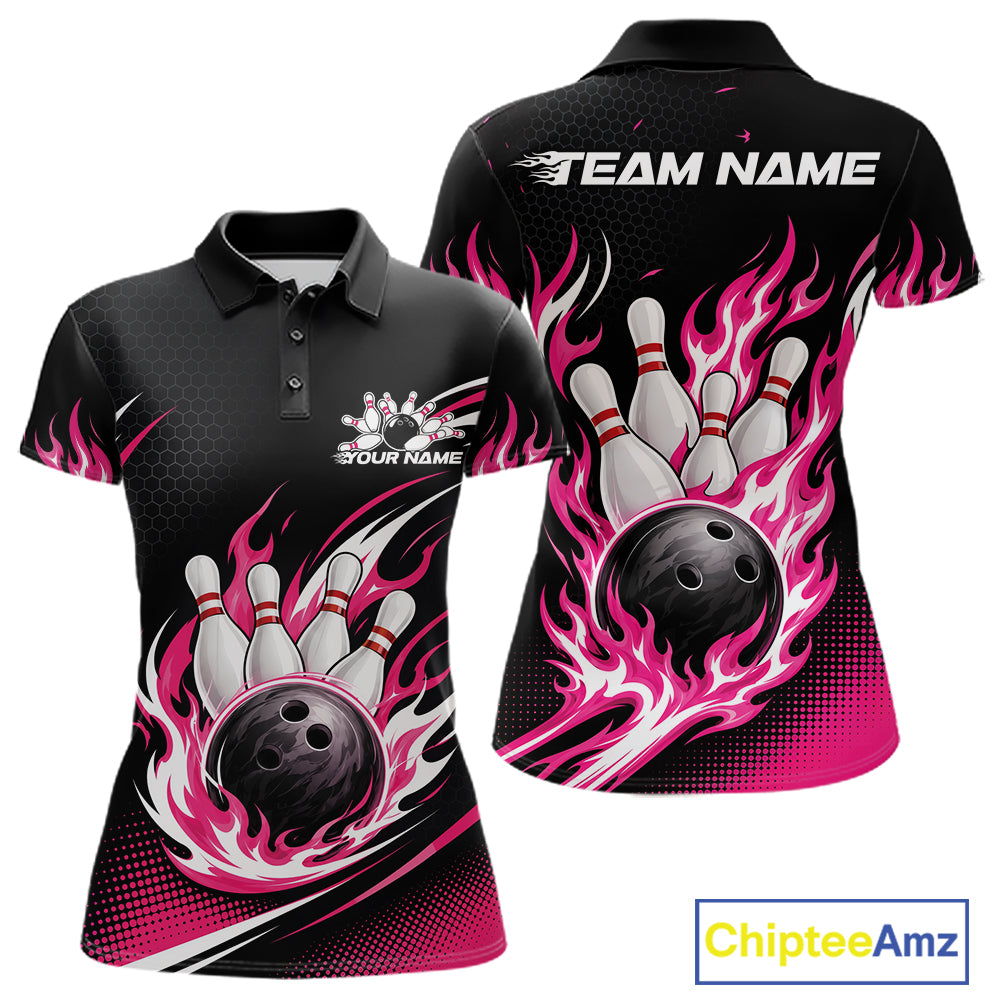 Black short-sleeve bowling-themed polo shirt shown from front and back on a white background, with pink flaming bowling ball and pin graphics