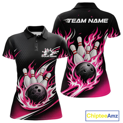 Black short-sleeve bowling-themed polo shirt shown from front and back on a white background, with pink flaming bowling ball and pin graphics