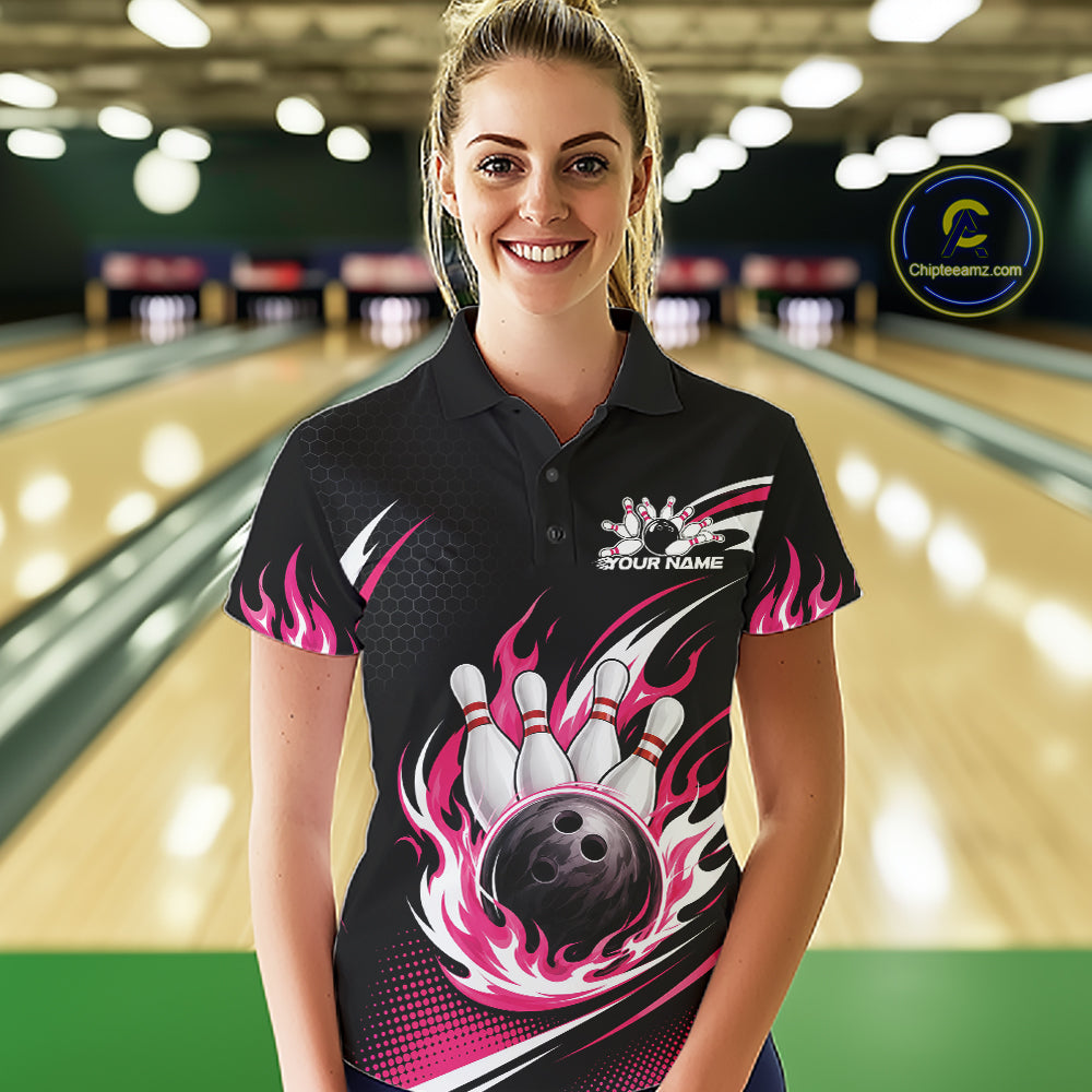 A woman wearing a black bowling-themed short-sleeve polo shirt with pink flame graphics and a bowling pin/ball graphic on the front, 