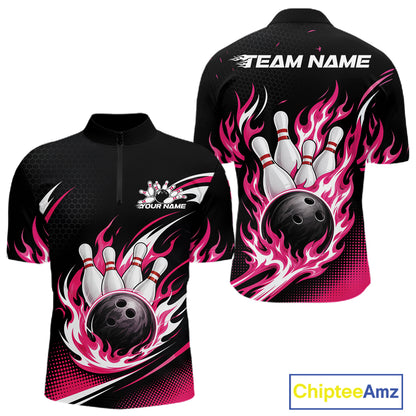 Front and back views of a black short-sleeve bowling-themed quarter-zip shirt with pink and white flame graphics, bowling pins, and bowling balls, plus customizable text placeholders 'TEAM NAME' and 'YOUR NAME'.