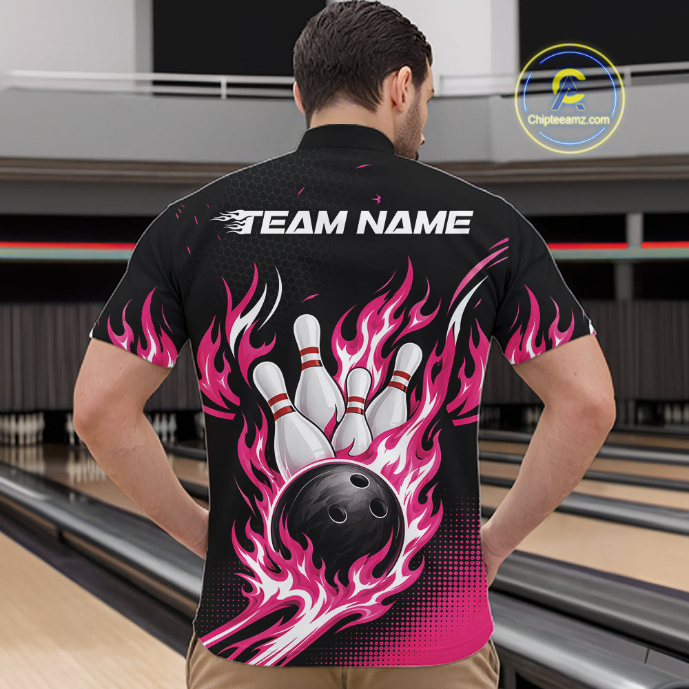 A man viewed from behind wearing a black short-sleeve bowling quarter zip shirt with a large back graphic featuring pink flames, white bowling pins, and a black bowling ball, with 'TEAM NAME' 