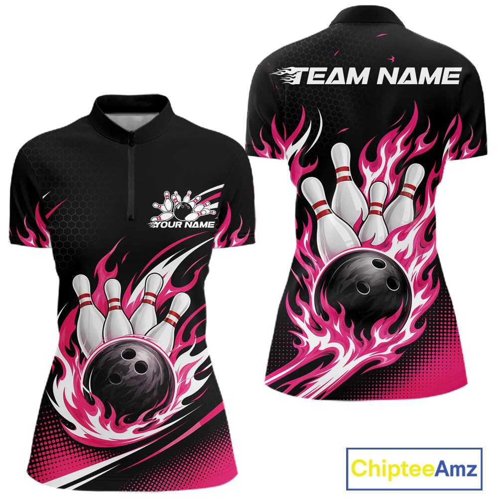Front and back views of a women's short-sleeve bowling-themed quarter zip shirt. The shirt is black with vibrant pink and white flame graphics surrounding bowling pins and bowling balls, with customizable text areas on the chest and back reading 'YOUR NAME' and 'TEAM NAME'.