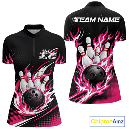 Front and back views of a women's short-sleeve bowling-themed quarter zip shirt. The shirt is black with vibrant pink and white flame graphics surrounding bowling pins and bowling balls, with customizable text areas on the chest and back reading 'YOUR NAME' and 'TEAM NAME'.