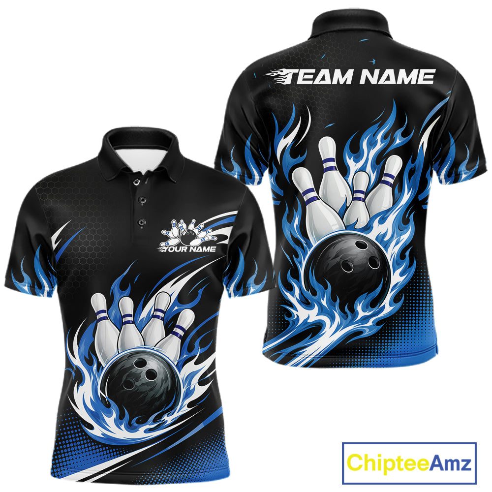 Custom bowling-themed short-sleeve polo shirt shown from both front and back views. The shirt features a black base with vibrant blue flaming bowling ball and pin graphics