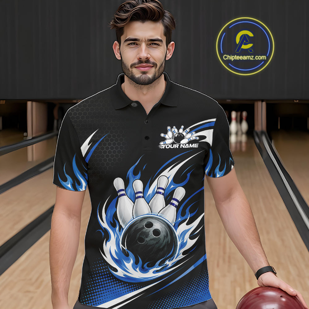 A man wearing a black bowling-themed short-sleeve polo shirt with blue flame graphics, bowling pins, and a bowling ball design on the front. 