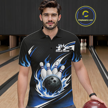 A man wearing a black bowling-themed short-sleeve polo shirt with blue flame graphics, bowling pins, and a bowling ball design on the front. 