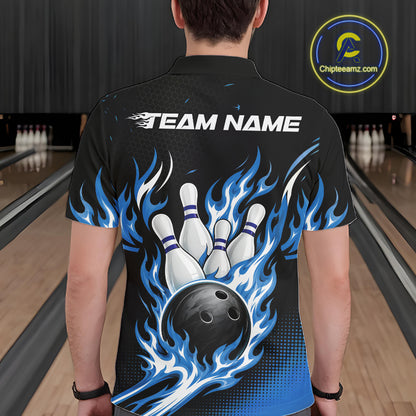 A man viewed from behind wearing a black short-sleeve bowling shirt with a large graphic of a bowling ball, pins, and blue flames, with 'TEAM NAME' printed across the upper back. 