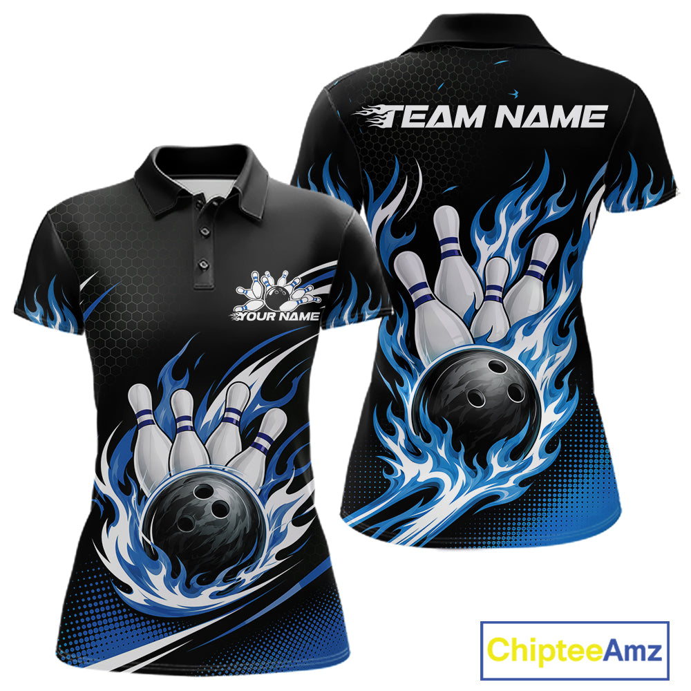 Custom short-sleeve bowling polo shirt shown from the front and back on a white background. The shirt features a black base with blue flame graphics surrounding bowling pins and bowling balls, with customizable text placeholders 'TEAM NAME' and 'YOUR NAME'.