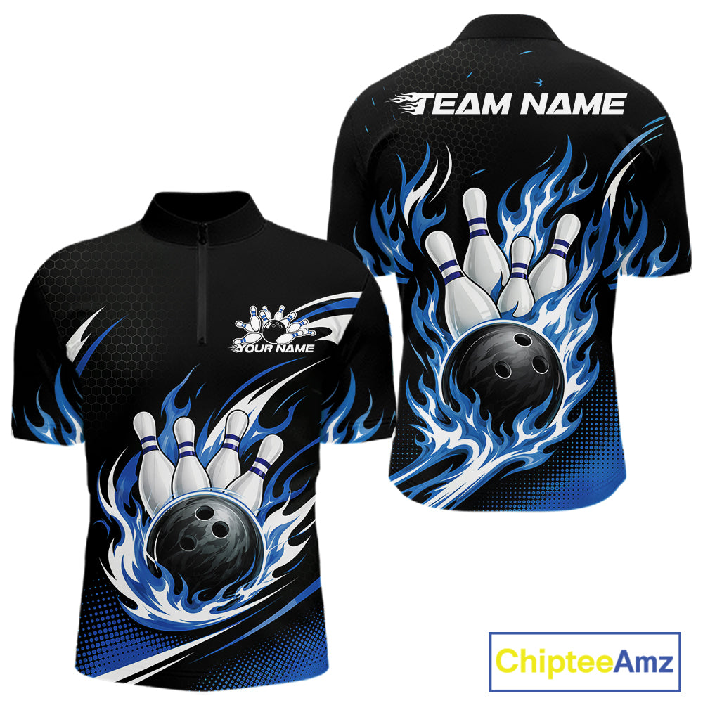 Black short-sleeve bowling-themed graphic quarter zip shirt shown from front and back on a white background. The design features blue and white flames surrounding a bowling ball and pins, with customizable text areas on the chest and back reading TEAM NAME and YOUR NAME.