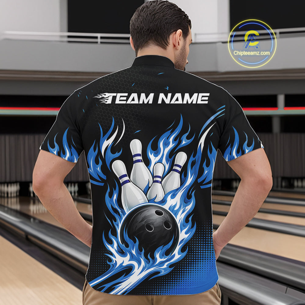 A man viewed from behind wearing a black bowling-themed short-sleeve quarter zip shirt with blue flames, bowling pins, and a bowling ball graphic on the back, with 'TEAM NAME' printed in white. 