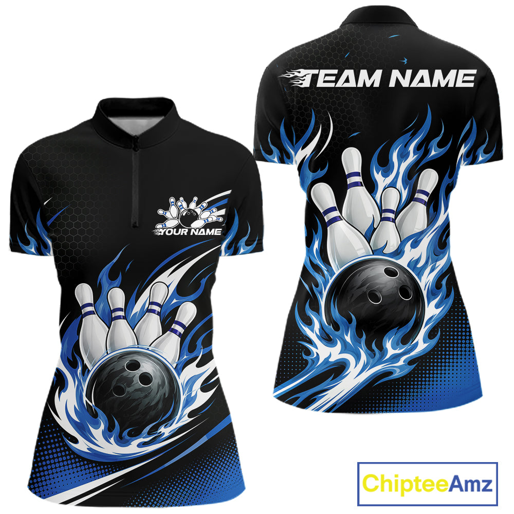 Front and back views of a black short-sleeve bowling-themed quarter zip shirt  with blue and white flame graphics, bowling pins, and bowling balls, plus customizable text areas on the chest and back.