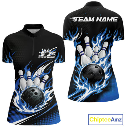 Front and back views of a black short-sleeve bowling-themed quarter zip shirt  with blue and white flame graphics, bowling pins, and bowling balls, plus customizable text areas on the chest and back.