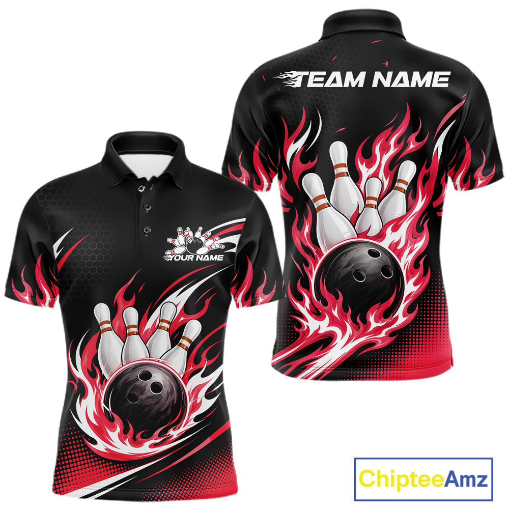 Black short-sleeve bowling-themed polo shirt shown from the front and back, featuring red flame graphics around a bowling ball and pins