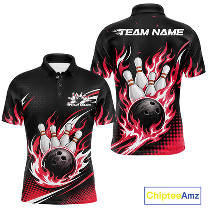 Black short-sleeve bowling-themed polo shirt shown from the front and back, featuring red flame graphics around a bowling ball and pins