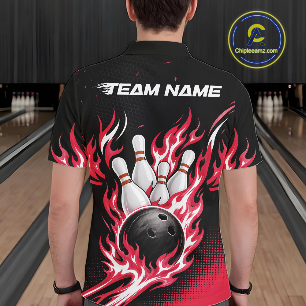 A man viewed from behind wearing a black short-sleeve bowling shirt with a red and white flame graphic, bowling pins, and a black bowling ball design on the back. The shirt has 'TEAM NAME' printed across the upper back.